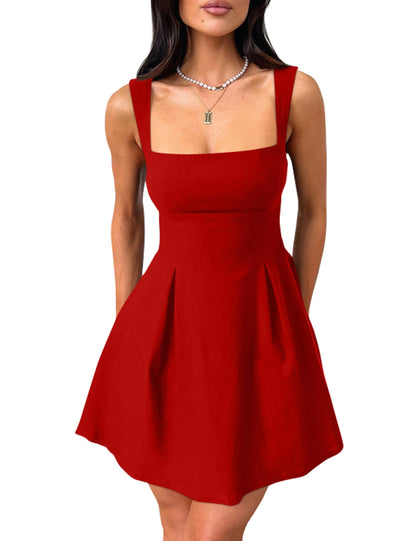 Women's Square Neck A-Line Mini Dress with Bow Tie Straps