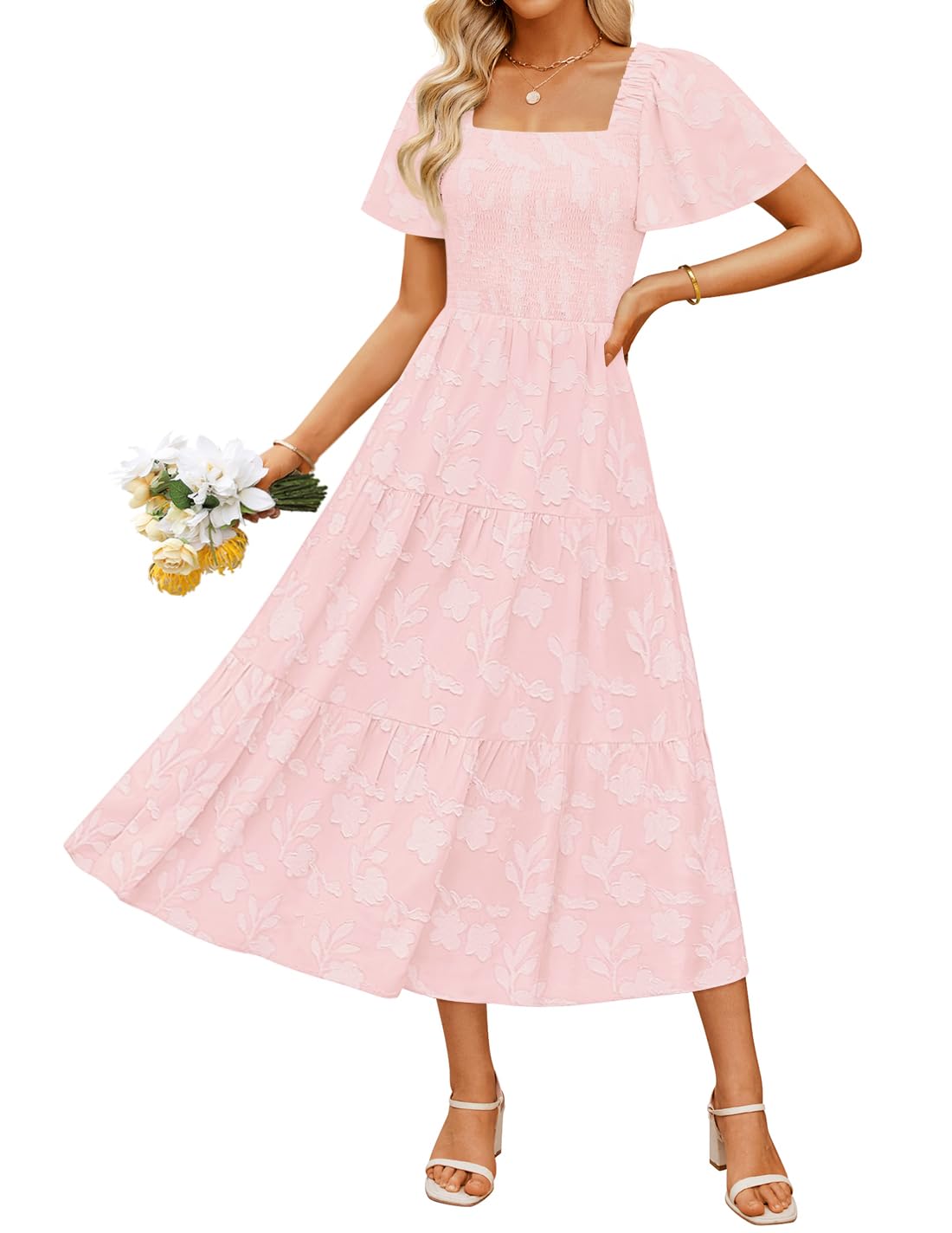 Women's Boho Floral Square Neck Midi Dress