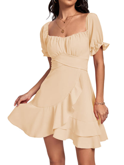 Square Neck Off-Shoulder Ruffle A-Line Mini Dress
