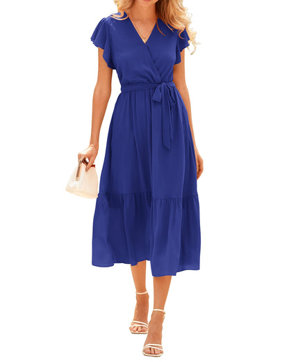 Women's Bohemian Floral Wrap V-Neck A-Line Midi Dress