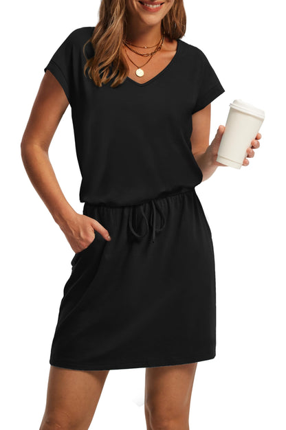 V-Neck Tie Waist Casual Mini Sundress with Pockets