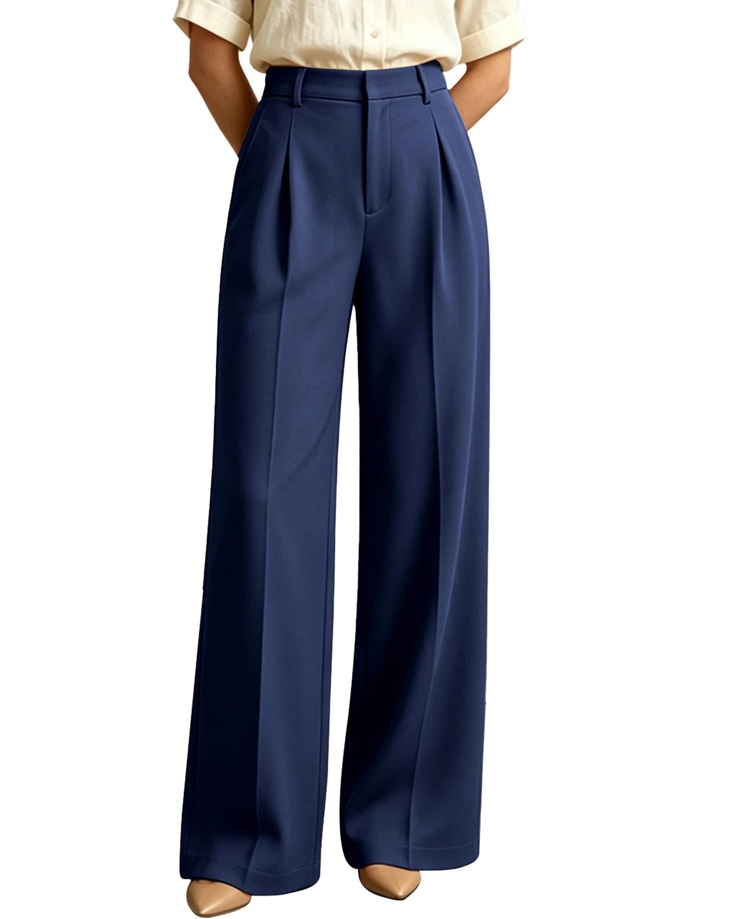 Women's High-Waisted Wide-Leg Work Trousers with Pockets