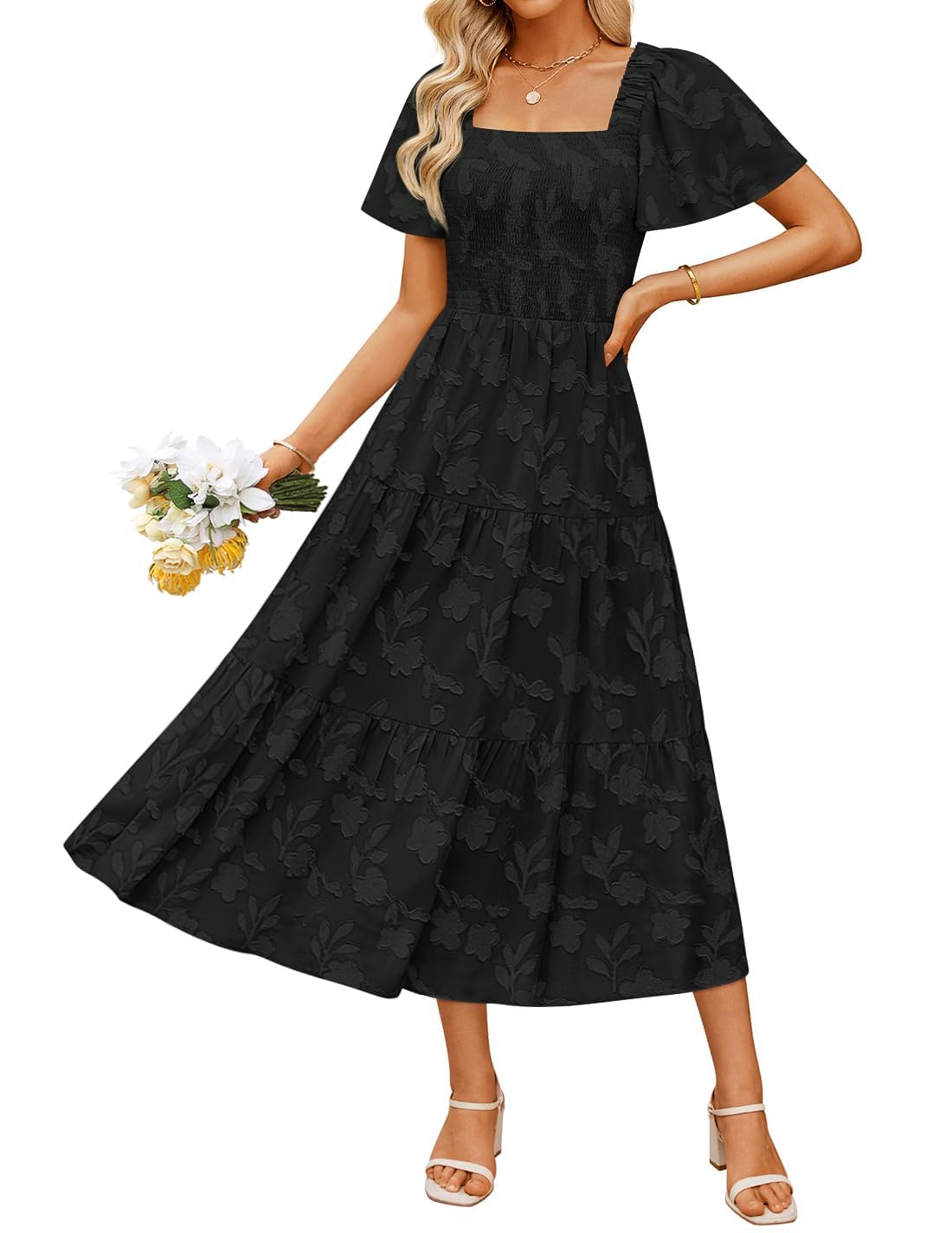 Women's Boho Floral Square Neck Midi Dress