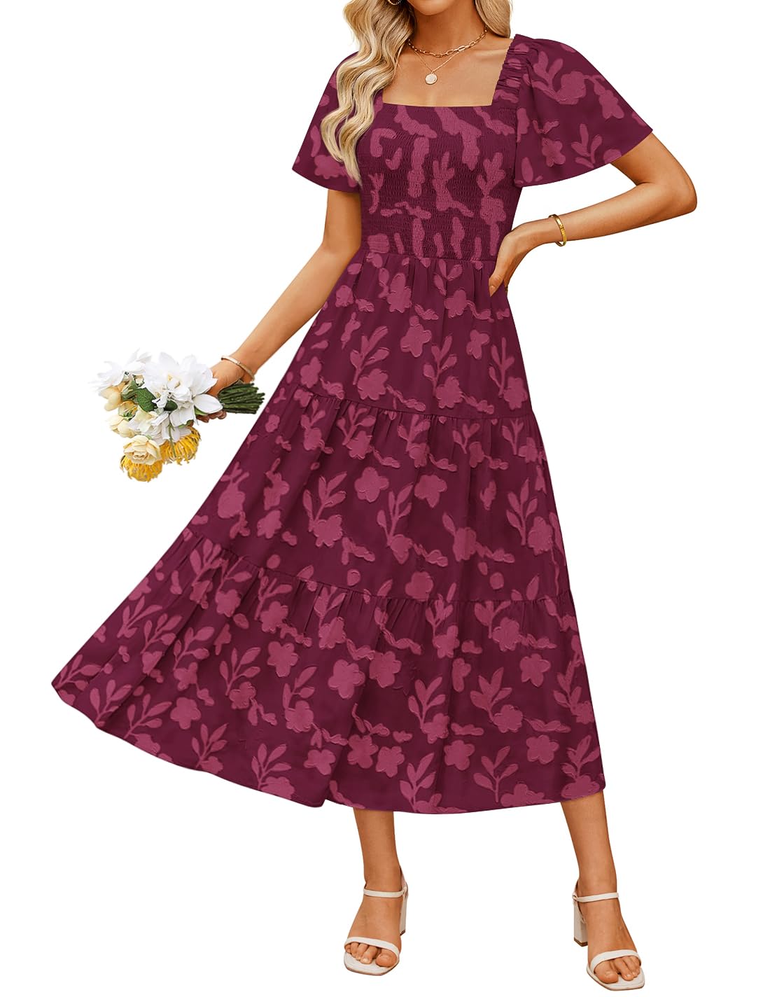 Women's Boho Floral Square Neck Midi Dress