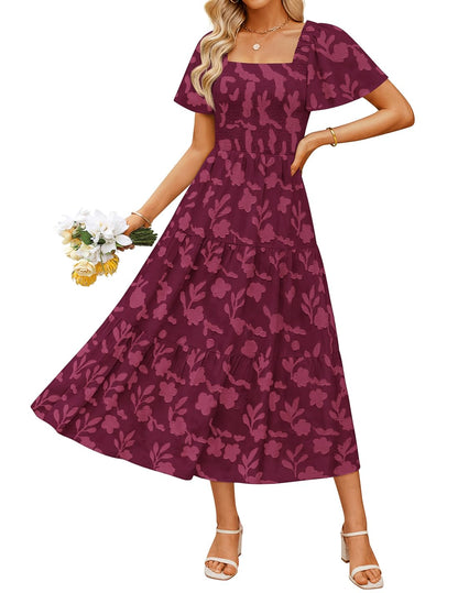 Women's Boho Floral Square Neck Midi Dress