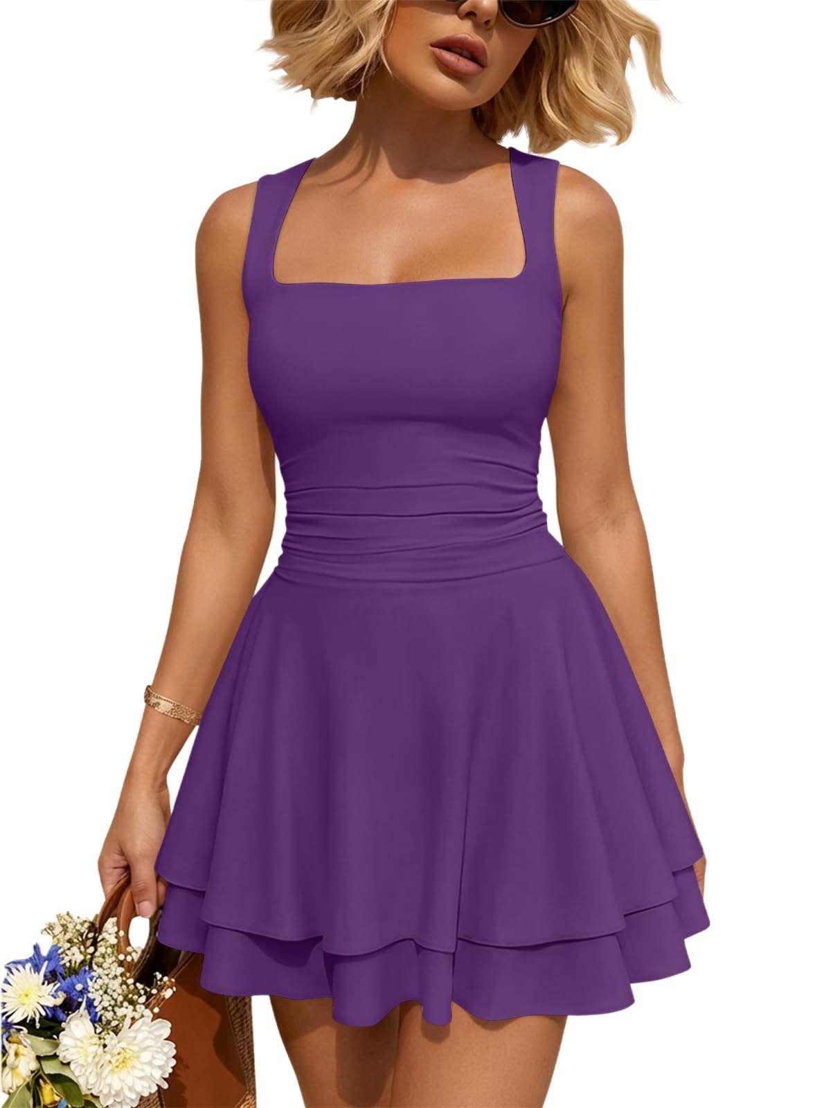Square Neck Ruched Waist Ruffle Hem Mini Dress