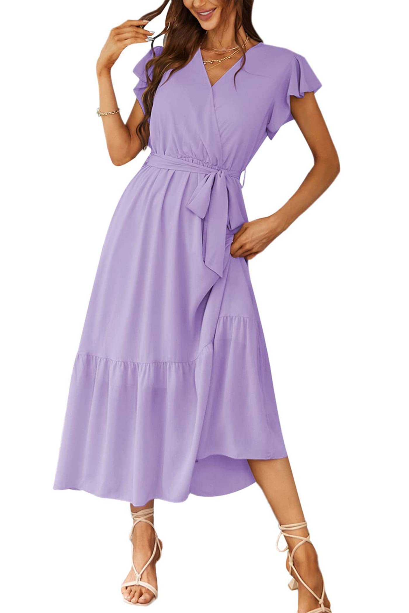 Women's Floral Wrap V-Neck Ruffle Boho Maxi Dress