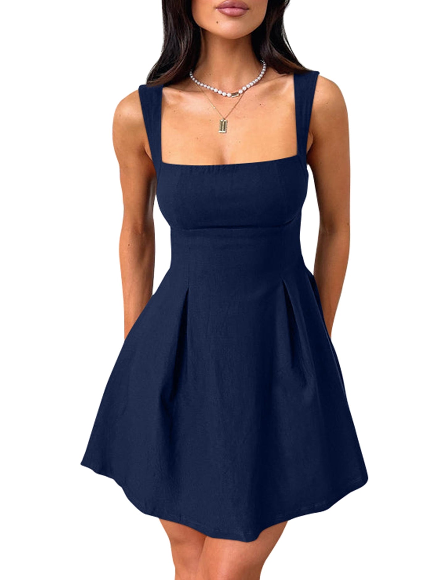 Women's Square Neck A-Line Mini Dress with Bow Tie Straps