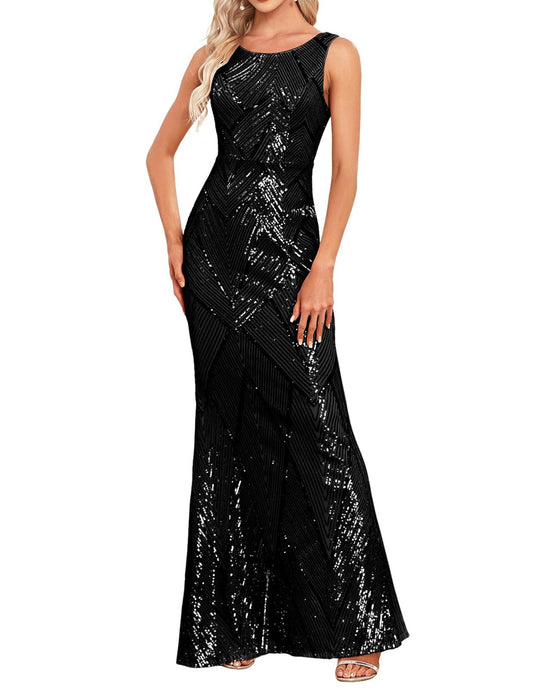 Glitter Sequin Boat Neck Mermaid Evening Dress