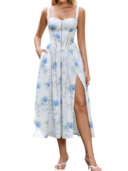 Women's Floral Corset Midi Dress with Slit and Pockets