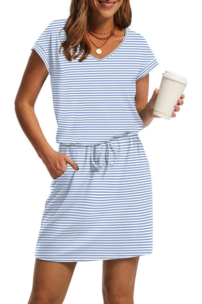 V-Neck Tie Waist Casual Mini Sundress with Pockets