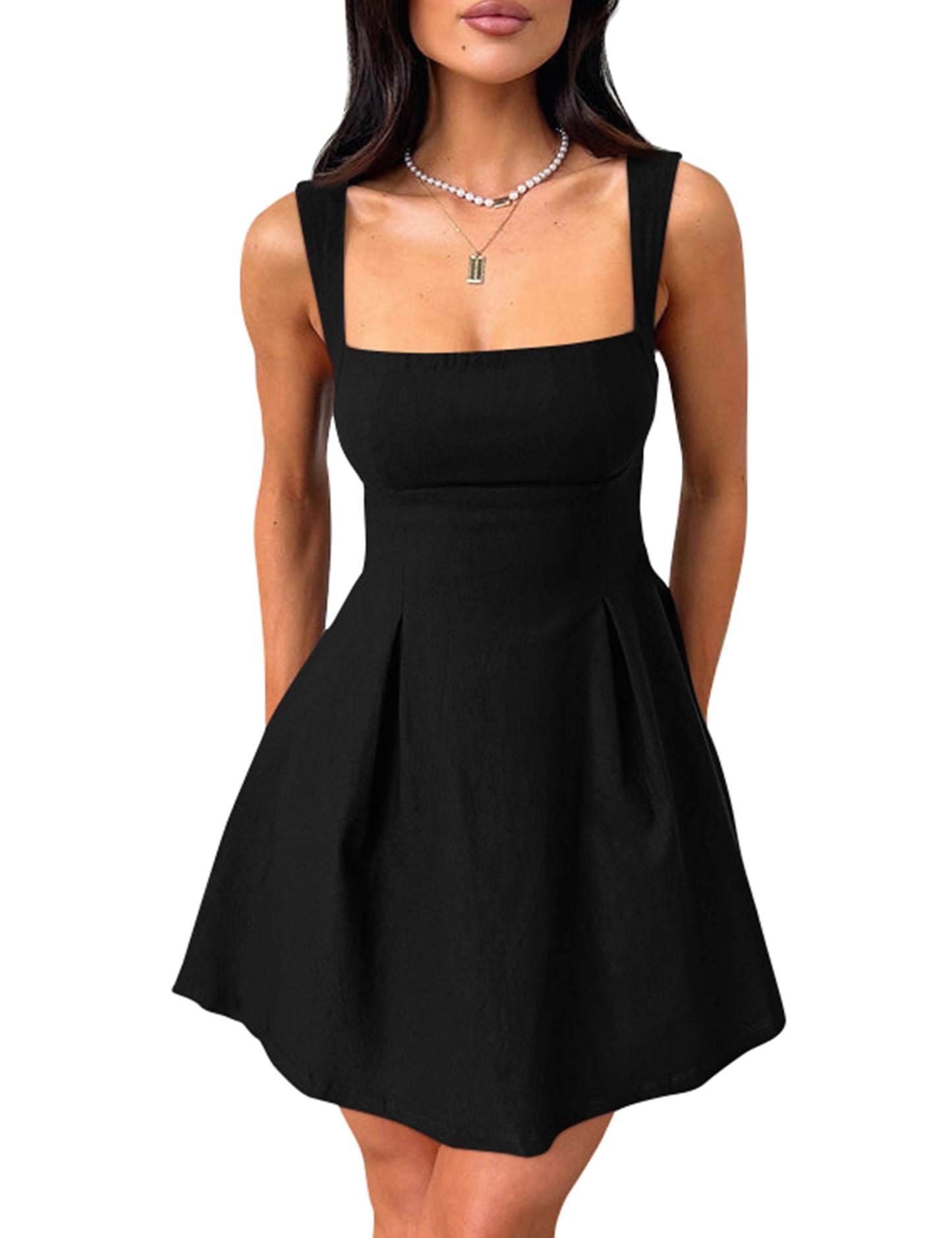 Women's Square Neck A-Line Mini Dress with Bow Tie Straps