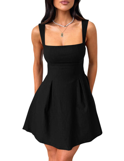 Women's Square Neck A-Line Mini Dress with Bow Tie Straps