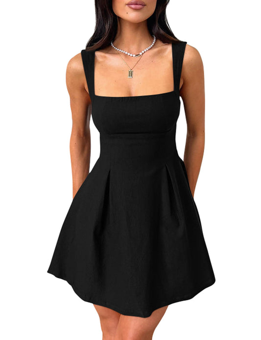 Women's Square Neck A-Line Mini Dress with Bow Tie Straps
