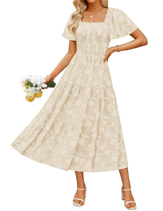 Women's Boho Floral Square Neck Midi Dress