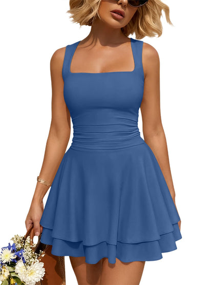 Square Neck Ruched Waist Ruffle Hem Mini Dress