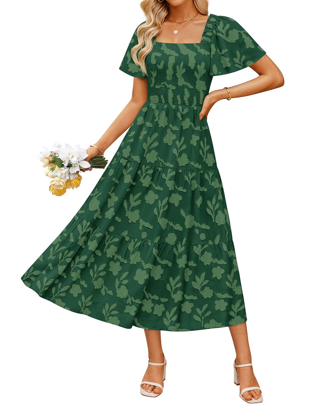 Women's Boho Floral Square Neck Midi Dress