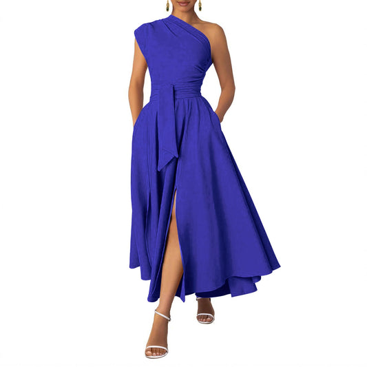 Women's One-Shoulder Belted Maxi Dress with Pockets
