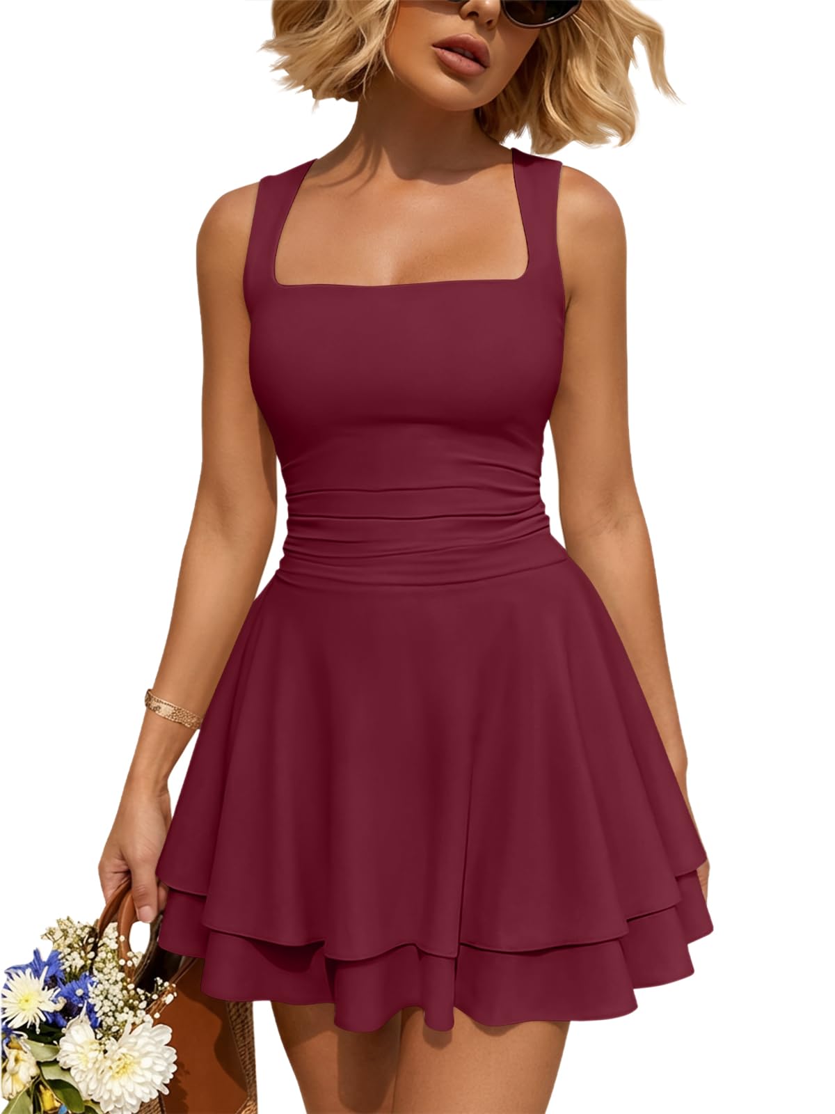 Square Neck Ruched Waist Ruffle Hem Mini Dress