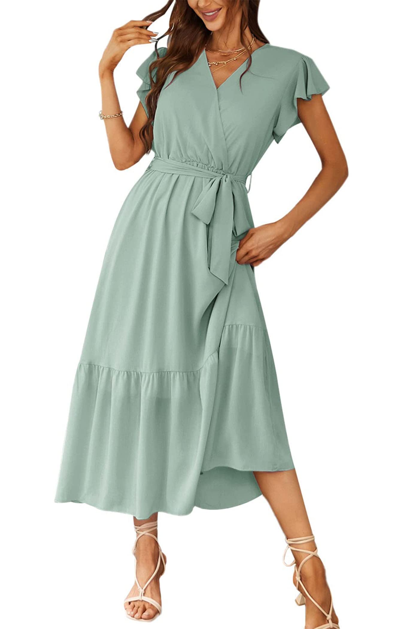 Women's Floral Wrap V-Neck Ruffle Boho Maxi Dress