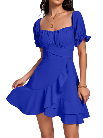 Square Neck Off-Shoulder Ruffle A-Line Mini Dress
