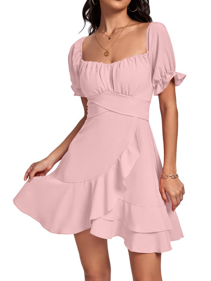Square Neck Off-Shoulder Ruffle A-Line Mini Dress