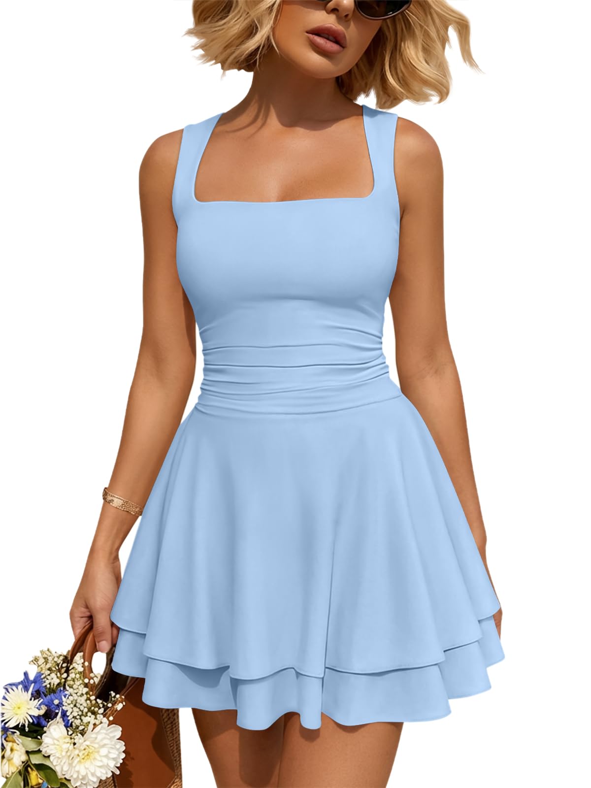 Square Neck Ruched Waist Ruffle Hem Mini Dress