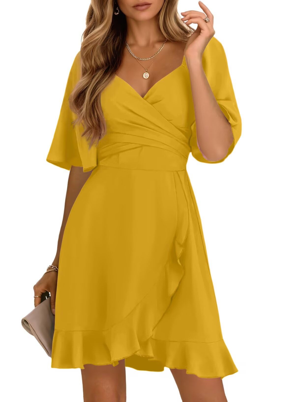 Wrap V-Neck Flared Sleeve Ruffle Hem Mini Dress