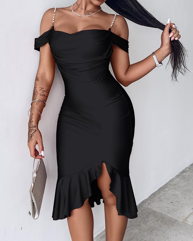 Women's Off-Shoulder Pearl Strap Bodycon Midi Dress