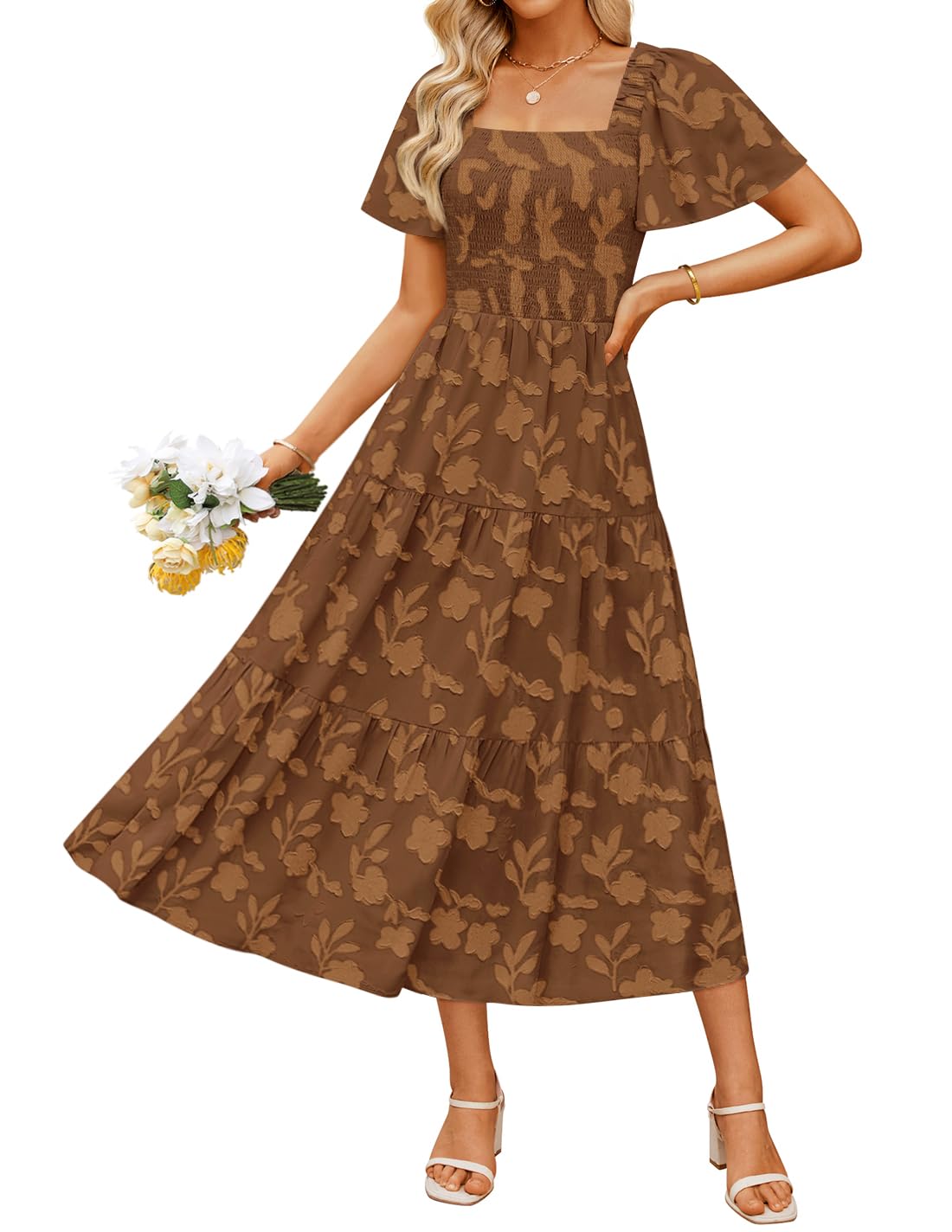 Women's Boho Floral Square Neck Midi Dress