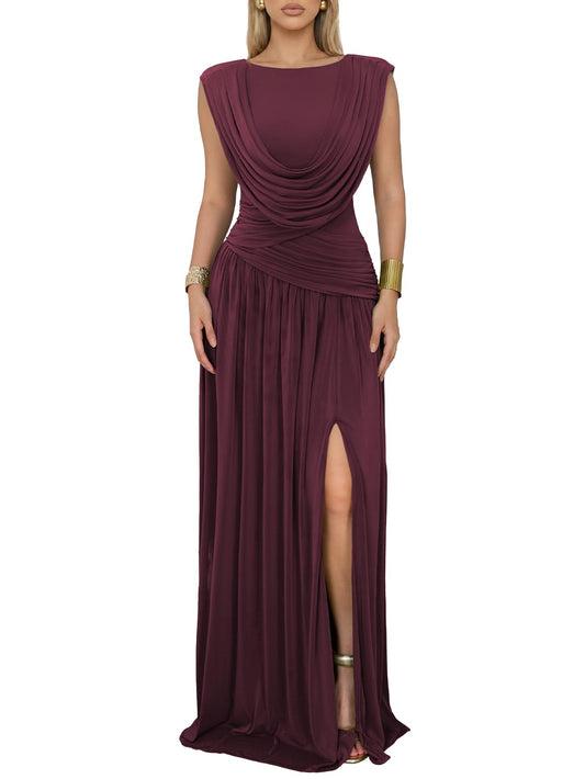 Convertible Cowl Neck Ruched Mesh Maxi Dress