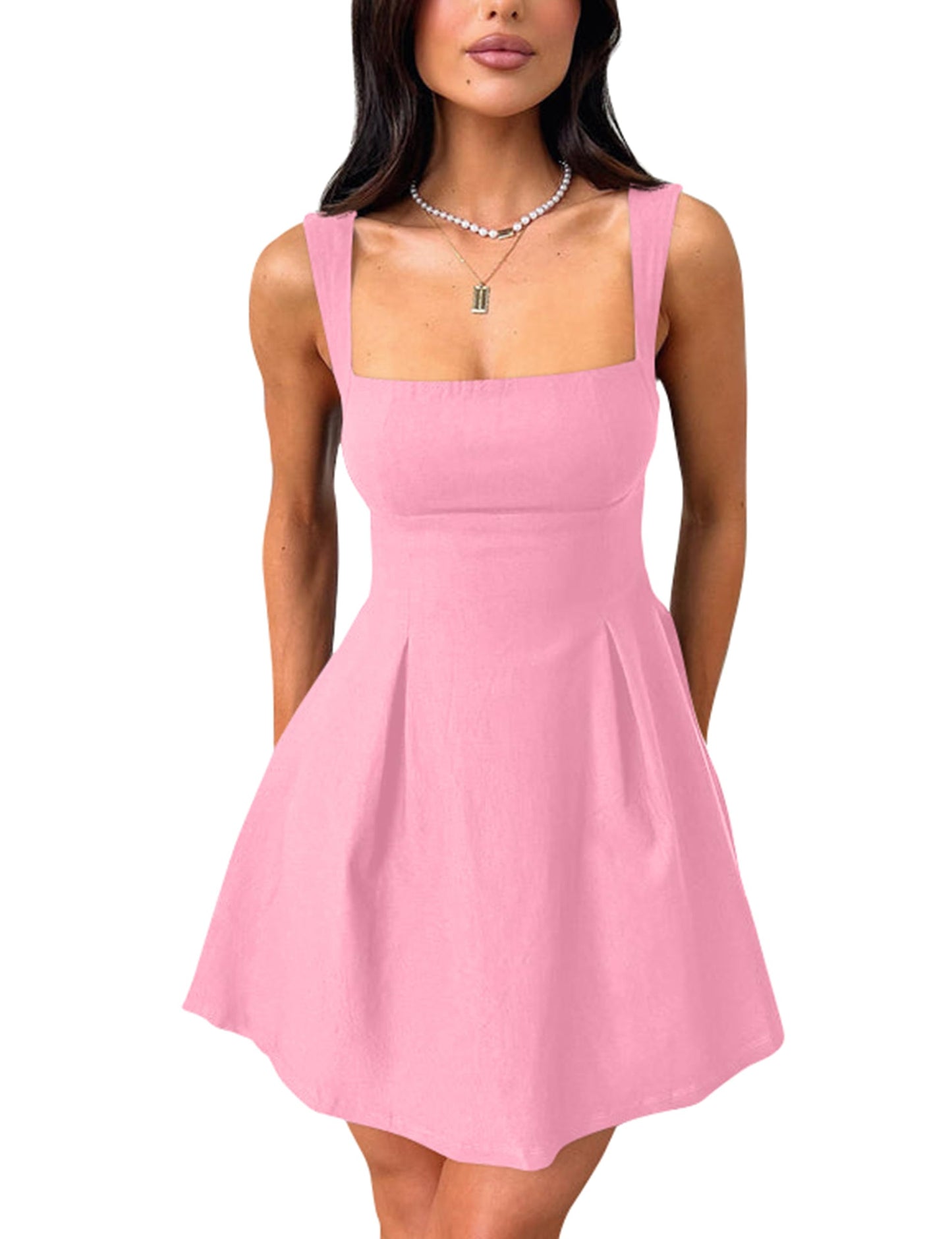 Women's Square Neck A-Line Mini Dress with Bow Tie Straps