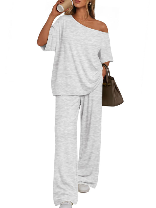 Off-Shoulder Oversized Tee Wide Leg Travel Lounge Set