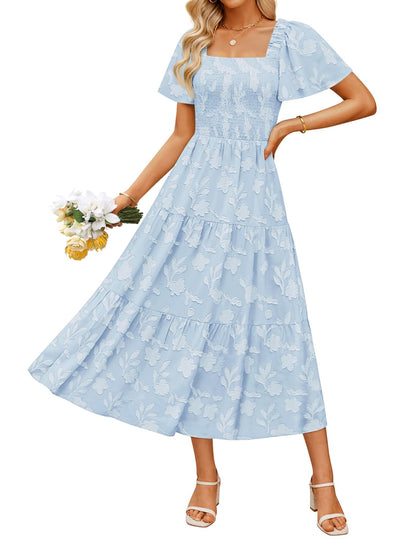 Women's Boho Floral Square Neck Midi Dress