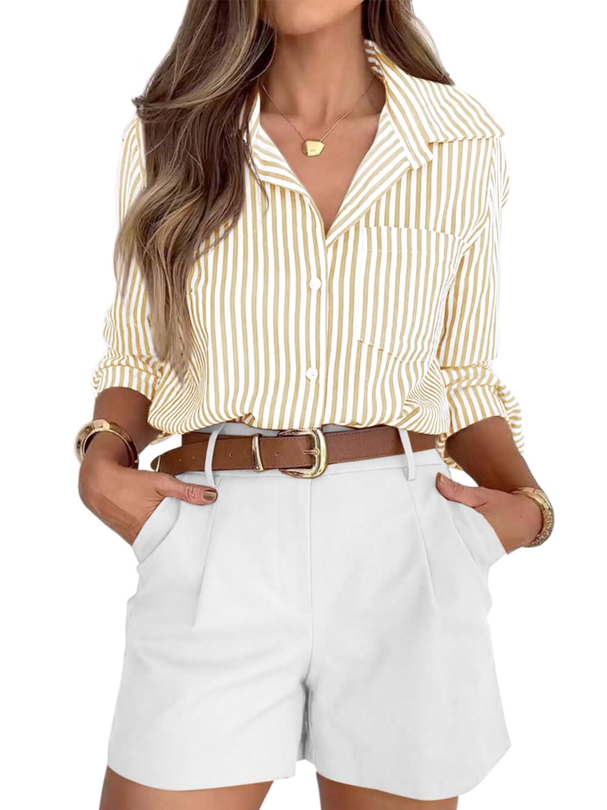 Striped Button-Down Long Sleeve Collared Work Shirt