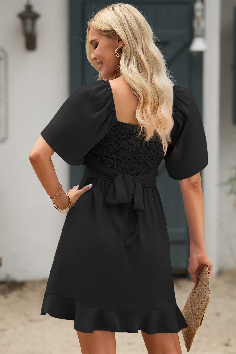 Wrap V-Neck Flared Sleeve Ruffle Hem Mini Dress