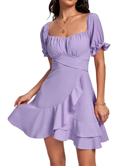 Square Neck Off-Shoulder Ruffle A-Line Mini Dress