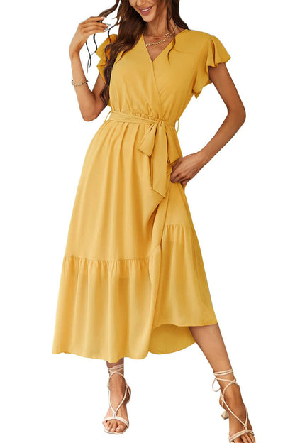 Women's Floral Wrap V-Neck Ruffle Boho Maxi Dress