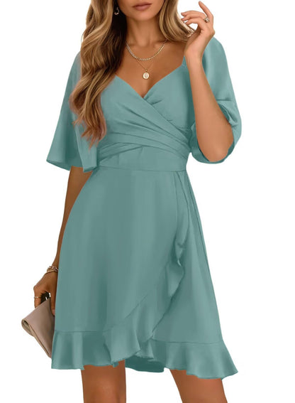 Wrap V-Neck Flared Sleeve Ruffle Hem Mini Dress