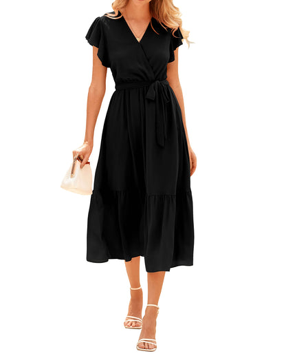 Women's Bohemian Floral Wrap V-Neck A-Line Midi Dress