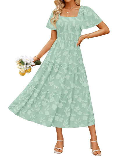 Women's Boho Floral Square Neck Midi Dress