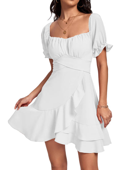 Square Neck Off-Shoulder Ruffle A-Line Mini Dress
