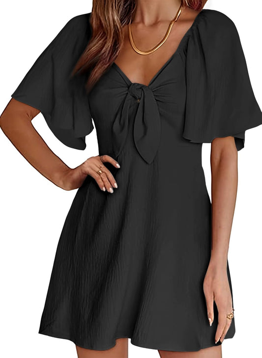 Deep V-Neck Bow Tie Elegant Cocktail Mini Dress