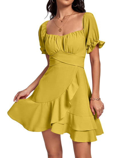 Square Neck Off-Shoulder Ruffle A-Line Mini Dress