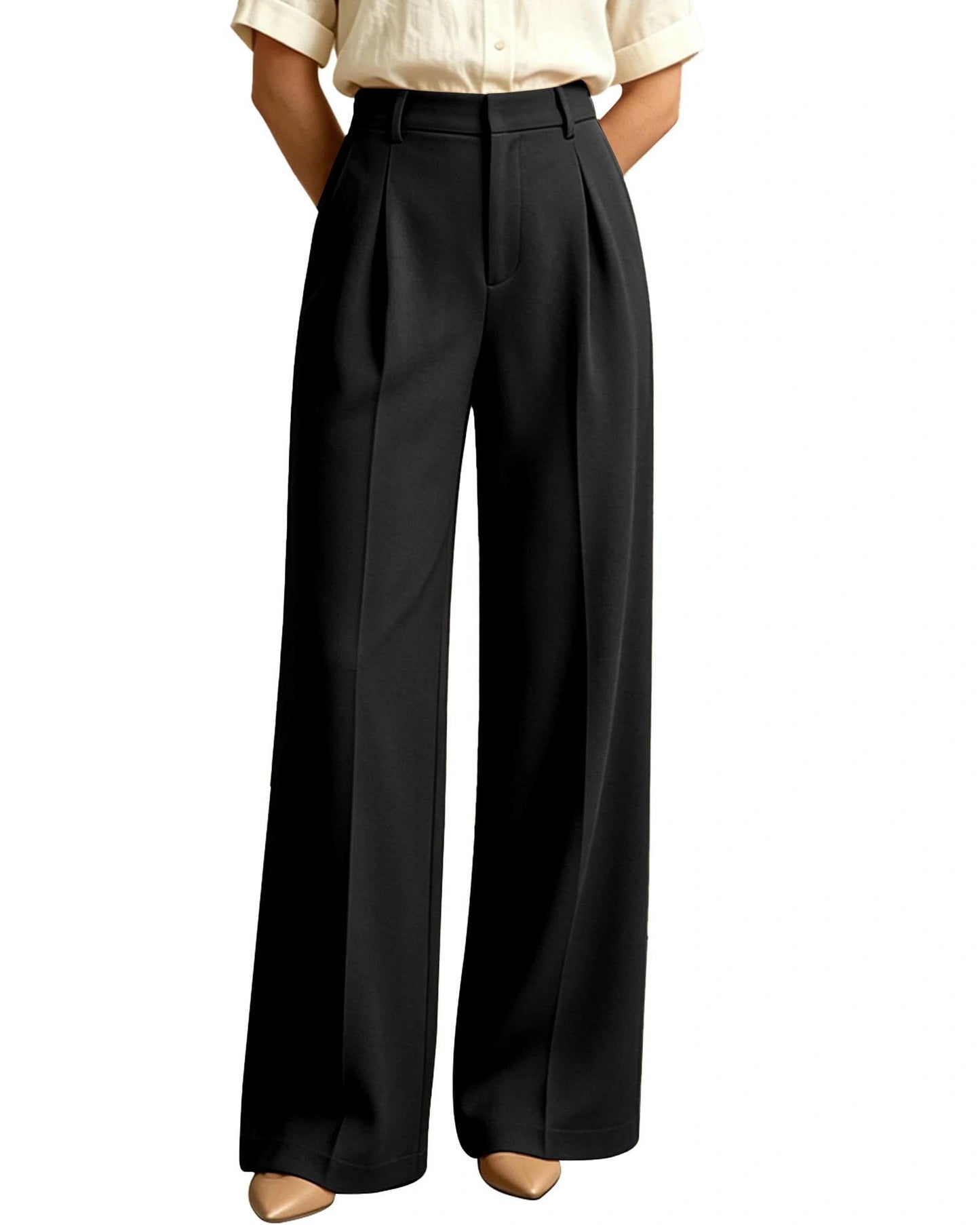 Women's High-Waisted Wide-Leg Work Trousers with Pockets