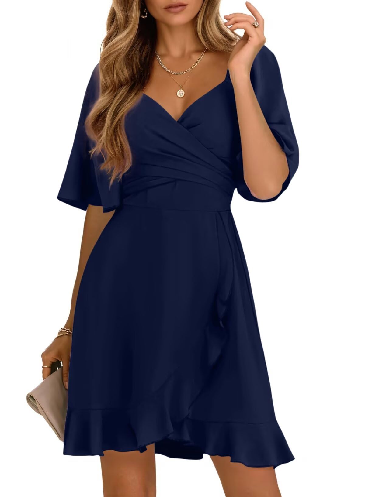 Wrap V-Neck Flared Sleeve Ruffle Hem Mini Dress