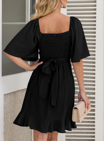 Wrap V-Neck Flared Sleeve Ruffle Hem Mini Dress