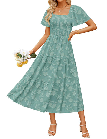 Women's Boho Floral Square Neck Midi Dress