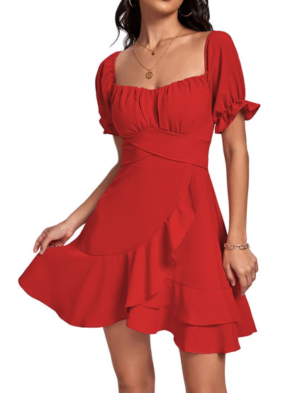 Square Neck Off-Shoulder Ruffle A-Line Mini Dress