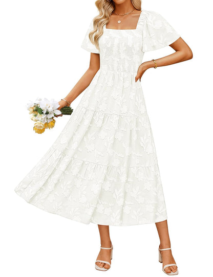 Women's Boho Floral Square Neck Midi Dress
